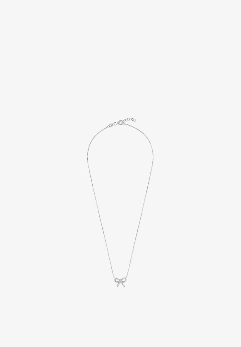 Collier délicat en chaîne d'argent avec un petit pendentif nœud orné de diamants et une fermeture à boucle ajustable.