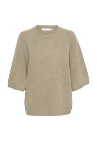 Pull en maille beige avec manches courtes bouffantes et col rond, présenté sur fond blanc.