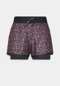 Blommönstrade shorts med svart bas, som har dragsko i midjan och svart inre foder för extra stöd.