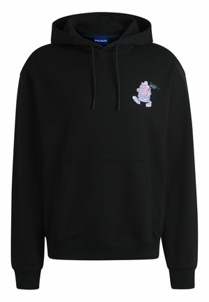 Black hoodie in soft fabric with a front pocket, featuring a colorful cartoon character embroidery on the chest and drawstring hood.