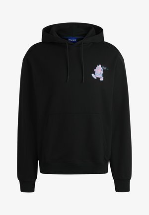 Czarna bluza z kapturem z miękkiego materiału z kieszonką z przodu, z kolorową haftowaną postacią z kreskówki na klatce piersiowej oraz sznurkiem do ściągania w kapturze.