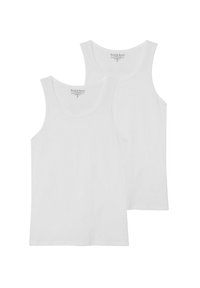 Weiße Baumwolltanktops mit breiten Trägern und runden Ausschnitten. Zwei Stücke ausgestellt, mit glatter Textur und schlichter Gestaltung.
