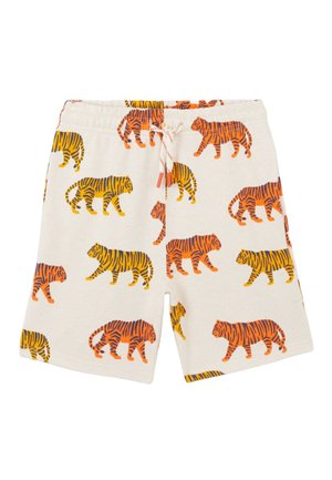 Shorts couleur crème avec taille élastique et cordon de serrage, imprimés d'illustrations répétées de tigres orange et jaunes.