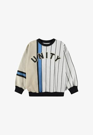 Trui met lange mouwen van mesh, met zwarte geribde manchetten, beige en witte panelen, een blauwe verticale streep, zwarte speldstrepen en de tekst "UNITY" over de borst.