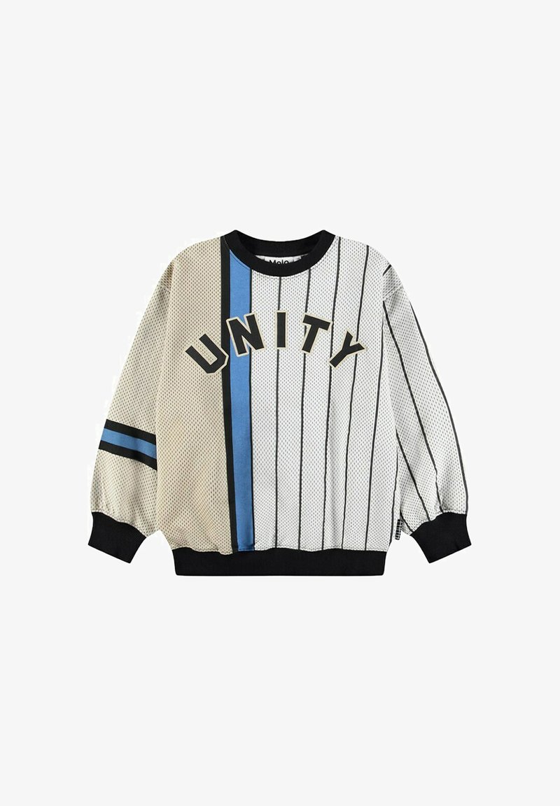 Trui met lange mouwen van mesh, met zwarte geribde manchetten, beige en witte panelen, een blauwe verticale streep, zwarte speldstrepen en de tekst "UNITY" over de borst.