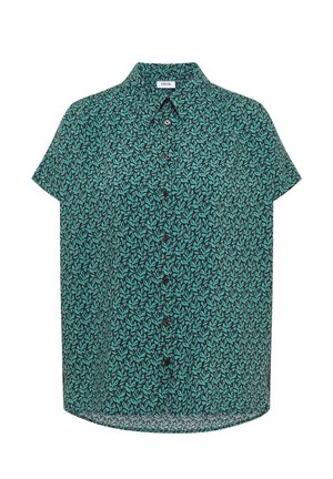 Grüne kurzärmelige Bluse mit Knöpfen, Kragen und durchgehendem kleinen dunkelgrünen Blattmuster.
