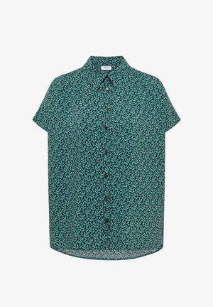 Vihreä lyhythihainen pikkutakityyppinen pusero, jossa on kaulus ja pienikokoinen tumma vihreä lehtikuvio koko pinnalla.