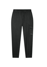 Pantaloni neri affusolati realizzati in tessuto morbido, con vita elastica, tasche laterali e polsini elastici alle caviglie. Presenta un dettaglio con logo.