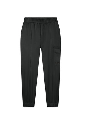 Pantalons noirs fuselés en tissu lisse avec une taille élastique, des poches latérales et des poignets élastiques aux chevilles. Présente un détail de logo.