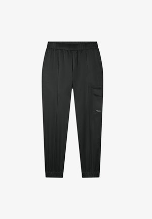 Pantalons noirs fuselés en tissu lisse avec une taille élastique, des poches latérales et des poignets élastiques aux chevilles. Présente un détail de logo.