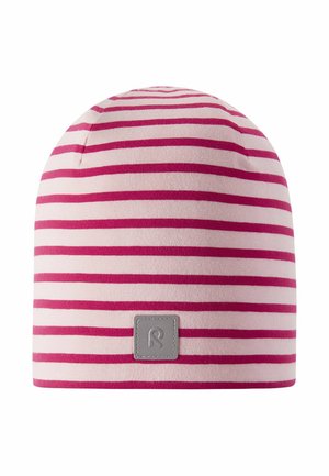 Striped knit beanie in light pink and dark pink. Features a textured finish and a gray label patch with a logo on the side.