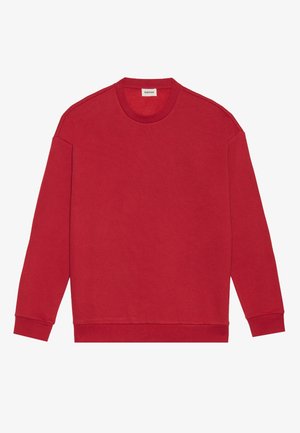Rød sweatshirt lavet af blødt stof, med rund halsudskæring, sænkede skuldre og ribbede manchetter. Glat tekstur uden mønstre.