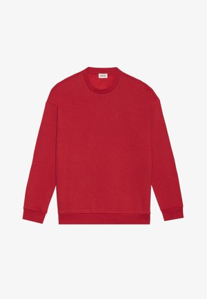 Roter Pullover aus weichem Stoff, mit Rundhalsausschnitt, überschnittenen Schultern und gerippten Bündchen. Glatte Textur ohne Muster.