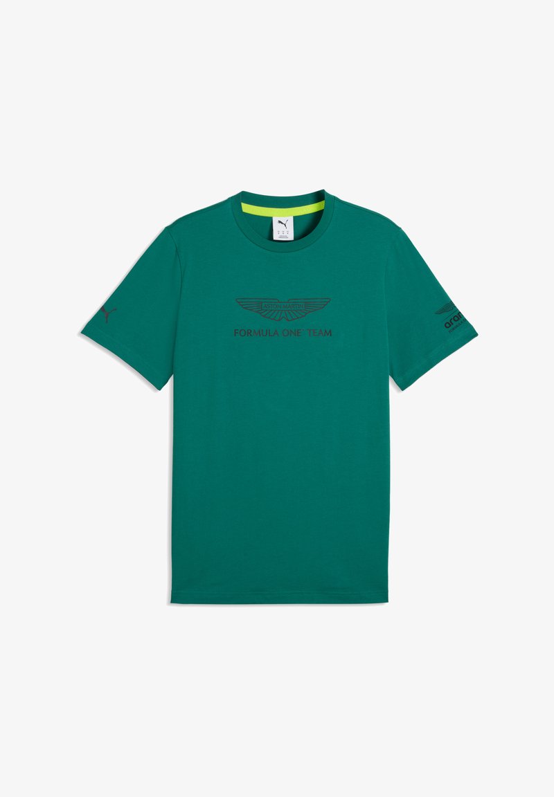 T-shirt vert à manches courtes avec col rond, logo ailes d'Aston Martin et texte "Formula One Team" centré sur le devant. Logo Puma sur la manche.