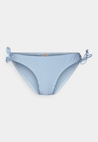 Parte de baixo de biquíni azul com riscas e laços laterais. Tecido macio, design de cintura média e forro interior para conforto. As riscas apresentam alternância entre azul claro e escuro.