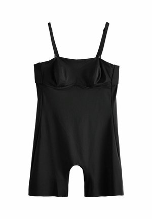 Zwarte zwemkleding met verstelbare bandjes, gestructureerde lijfje en een kort ontwerp met een dijlengte snit en een soepele, rekbare stof.
