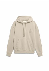 Lichtbeige hoodie met een capuchon met trekkoord, een kangoeroezak en een subtiel logo. Gemaakt van zacht materiaal met geribbelde boorden aan de mouwen en zoom.