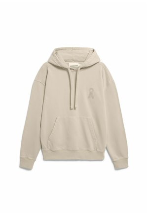 Lichtbeige hoodie met een capuchon met trekkoord, een kangoeroezak en een subtiel logo. Gemaakt van zacht materiaal met geribbelde boorden aan de mouwen en zoom.