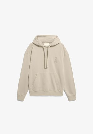 Lichtbeige hoodie met een capuchon met trekkoord, een kangoeroezak en een subtiel logo. Gemaakt van zacht materiaal met geribbelde boorden aan de mouwen en zoom.