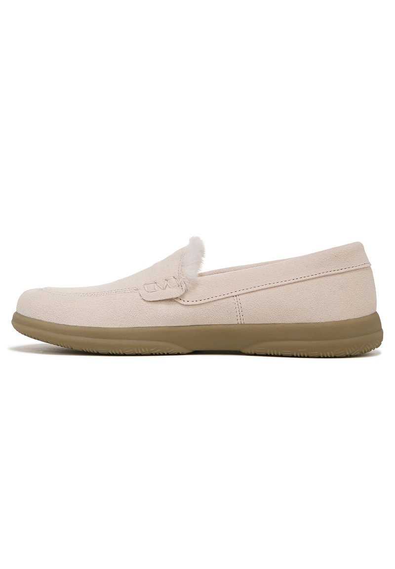 Light beige suede slip-on shoe with beige rubber sole. Features a soft fur accent on the front and minimal stitching details.