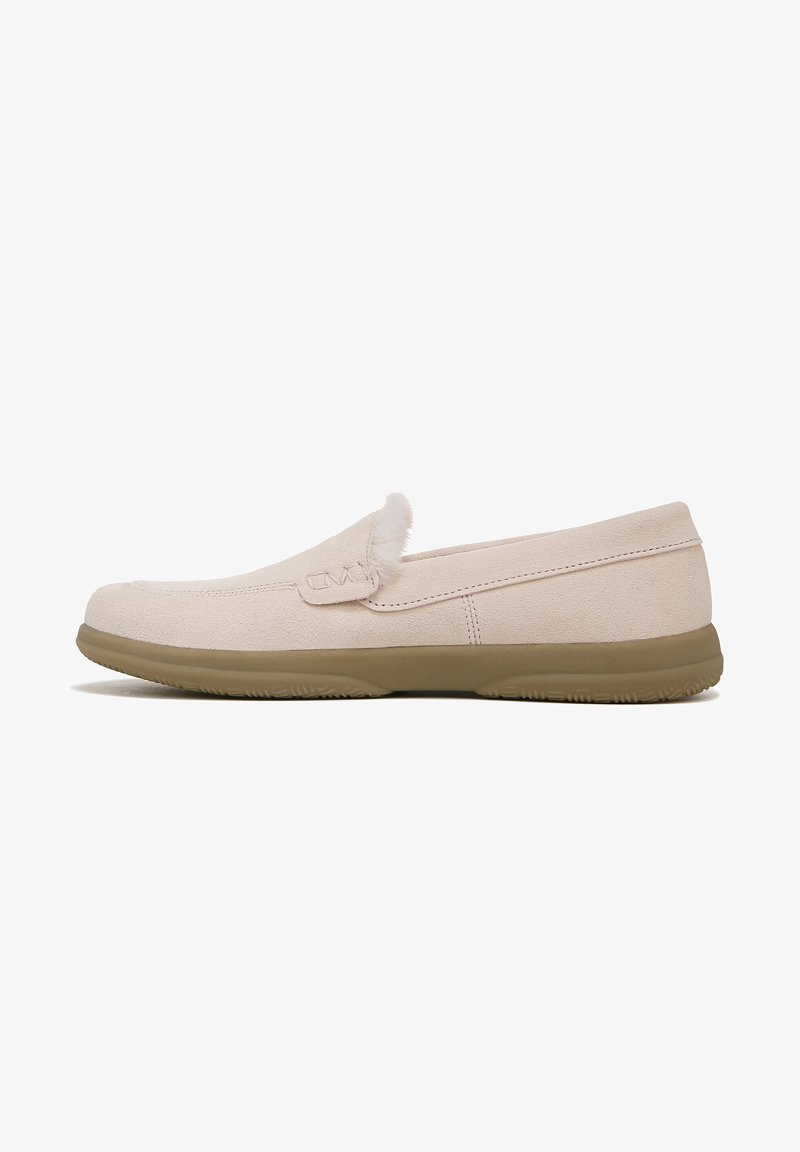 Light beige suede slip-on shoe with beige rubber sole. Features a soft fur accent on the front and minimal stitching details.