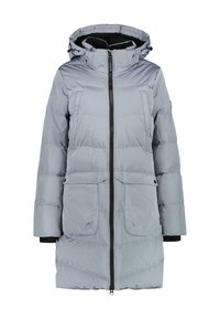 Lichtgrijze geïsoleerde pufferjacket met een capuchon, voorzien van een centrale rits, twee voorzakken en zwarte manchetten. Gladde textuur.