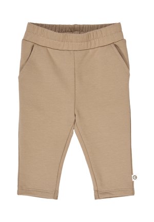 Beige, zachte katoenen broek met een elastische tailleband en twee zijzakken, voorzien van een rechte pijpdesign en gestikte accenten.