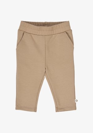 Beżowe, miękkie bawełniane spodnie z elastycznym pasem i dwoma bocznymi kieszeniami, z prostym krojem nogawek i przeszyciami.