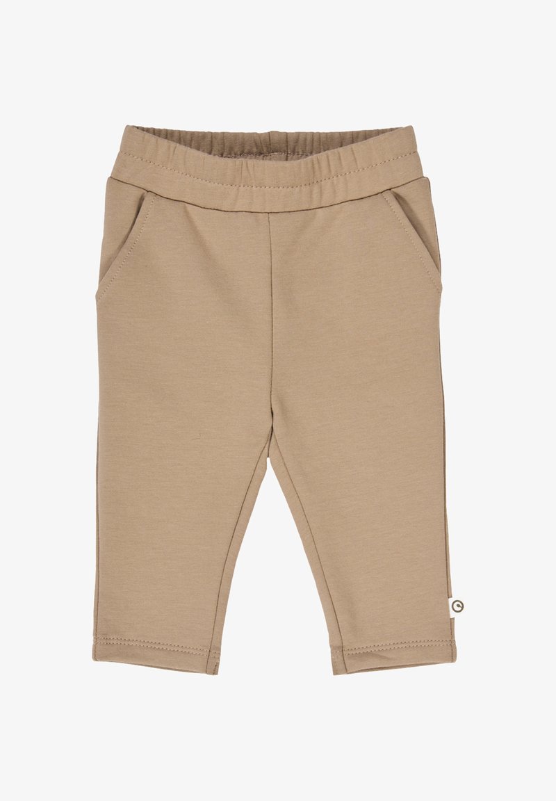 Béžové, měkké bavlněné kalhoty s elastickým pasem a dvěma bočními kapsami, s rovnými nohavicemi a prošitými detaily.
