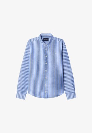 Blau-weiß gestreiftes Hemd mit Knöpfen, Kragen, langen Ärmeln und einem Logoakzent auf der Brust. Baumwollstoff mit glatter Textur.