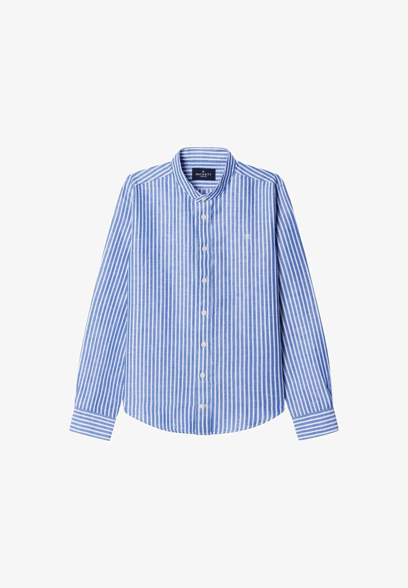 Camisa de botones a rayas azules y blancas con cuello, mangas largas y un detalle de logo en el pecho. Tejido de algodón con una textura suave.