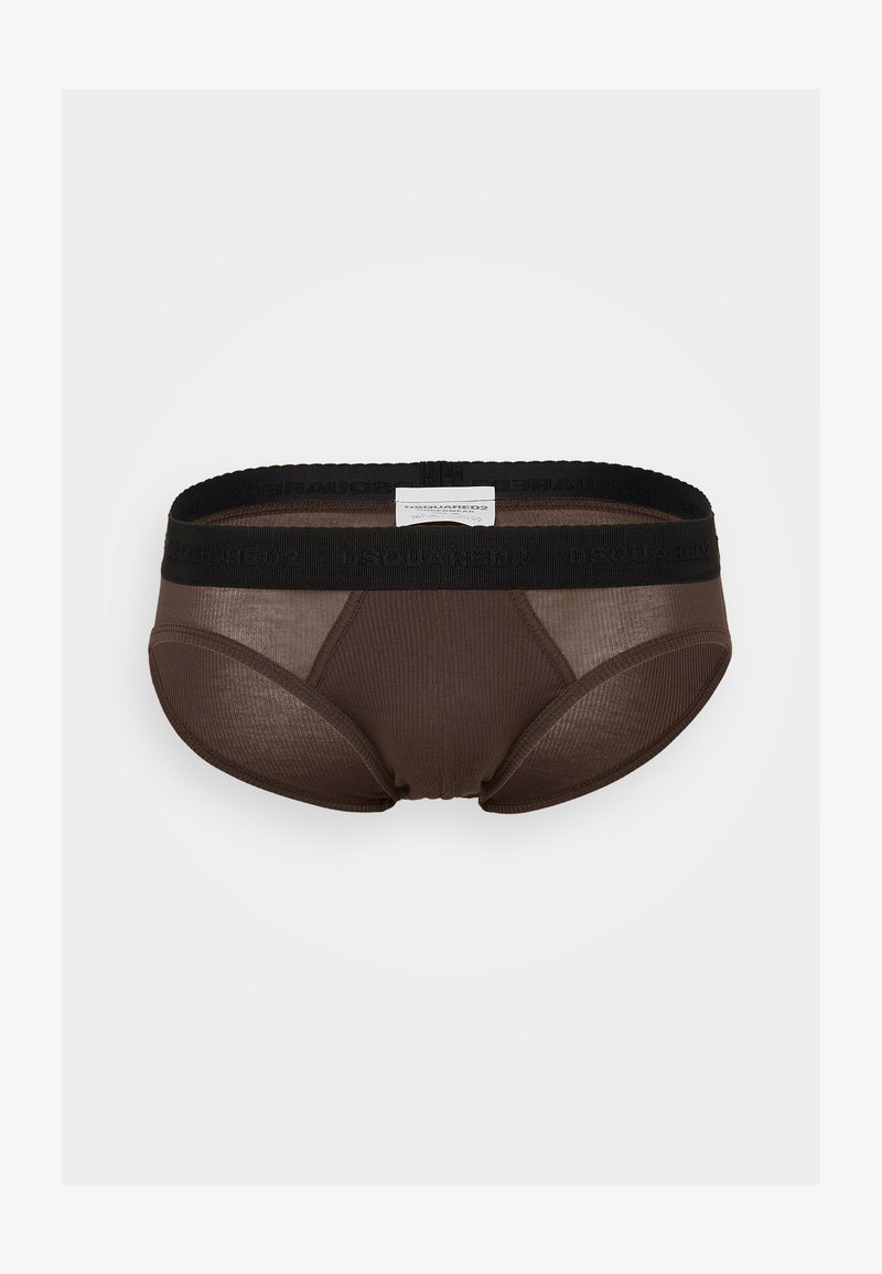 Caleçons marron à côtes avec une ceinture élastique noire portant une marque en relief. Matériau doux avec une forme profilée à l'avant et à l'arrière.