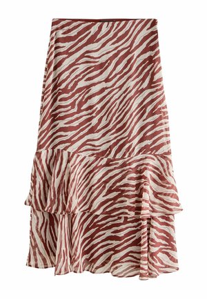 Jupe midi avec imprimé zèbre marron et beige, présentant un ourlet à volants superposés et une silhouette légèrement évasée.