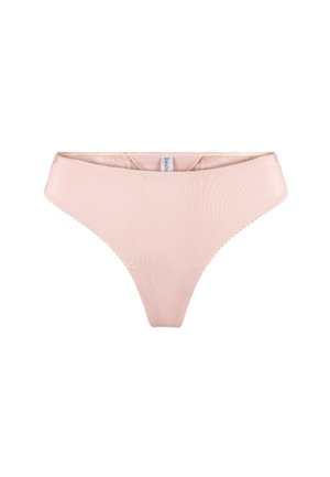 Light pink thong made of smooth fabric with a ribbed texture. Features a plain design and a subtle elastic waistband.