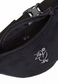 Schwarze Cordura-Hüfttasche mit einem gestickten Vogel-Logo, ausgestattet mit einem Hauptfach, Reißverschlusstaschen und einem strapazierfähigen Riemen mit einem Kunststoffverschluss.