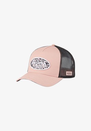 Casquette de baseball en maille rose et noire avec un patch en imprimé léopard portant la mention "Von Dutch California" sur le panneau avant.