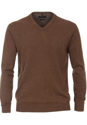 Brown V-neck sweater with long sleeves, ribbed cuffs and hem, made from a smooth knit fabric. Features a small logo on the front.