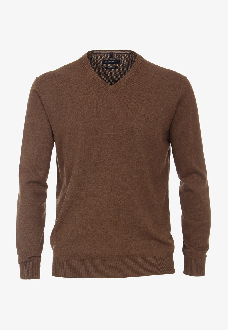 Brauner V-Ausschnitt-Pullover mit langen Ärmeln, gerippten Bündchen und Saum, aus einem glatten Strickstoff gefertigt. Verfügt über ein kleines Logo auf der Vorderseite.