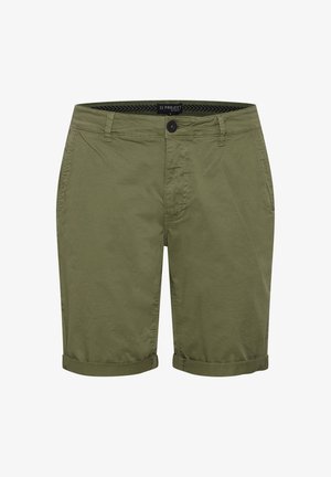 Olive green cotton shorts with a single button closure, rolled cuffs, and side pockets. Label at the waistband reads "11 PROJECT."