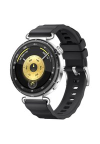 Schwarze Silikonarmbanduhr mit einem runden, schwarzen und goldenen Zifferblatt, das Markierungen, eine Krone und ein Symbol für Radfahren aufweist.