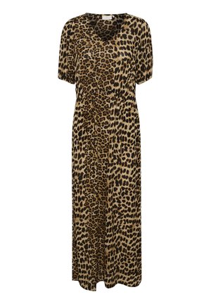 Maxi-jurk met luipaardprint, v-hals, korte mouwen en een elastische tailleband. Gemaakt van een zachte, lichte stof met een vloeiende silhoutte.