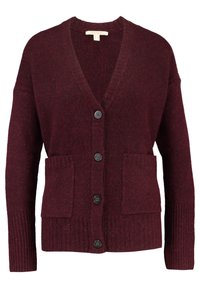 Burgundowy kardigan z miękkiej, teksturowanej dzianiny, z dekoltem w serek, pięcioma guzikami i dwoma przednimi kieszeniami. Ribbingowe mankiety i detale na dole.