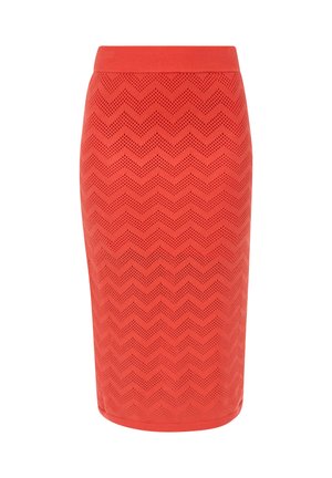 Red knit pencil skirt featuring a zigzag pattern, textured fabric, and a ribbed waistband. Designed for a fitted silhouette.