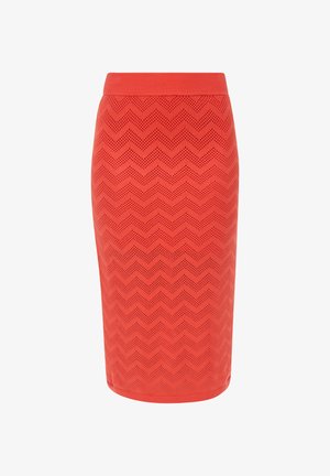 Rode gebreide kokerrok met een zigzagpatroon, textuurstof en een geribbelde tailleband. Ontworpen voor een aansluitende silhouet.