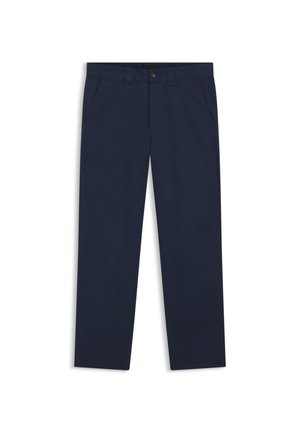 Pantalon droit bleu marine avec fermeture à boutons, passants pour ceinture et poches latérales avant sur fond blanc.