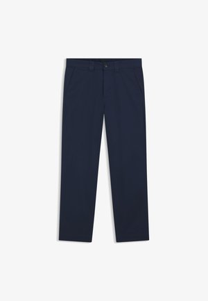Pantalon droit bleu marine avec fermeture à boutons, passants pour ceinture et poches latérales avant sur fond blanc.