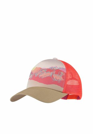 Baseball cap with tan brim, pink front panel featuring abstract mountain design and "Buff" text, and bright orange mesh back with adjustable strap.