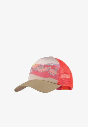 Baseballkappe mit beigefarbenem Schirm, pinkem Vorderteil mit abstraktem Bergdesign und dem Schriftzug „Buff“ sowie einem leuchtend orangefarbenen Netzrücken mit verstellbarem Riemen.