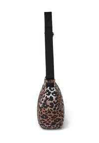 Tasje met luipaardprint in een ronde vorm, gemaakt van textuur stof. Voorzien van een zwarte strap en goudkleurige hardware voor de sluiting.