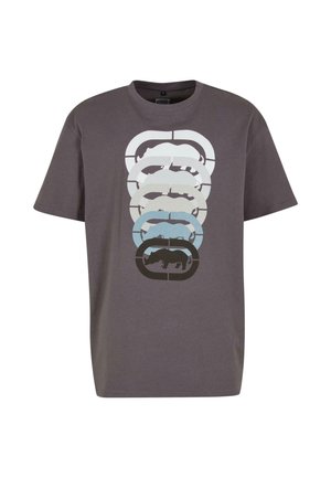 Gray cotton T-shirt featuring a layered graphic of rhinoceros shapes in white, blue, and gray tones, with a round neckline and short sleeves.